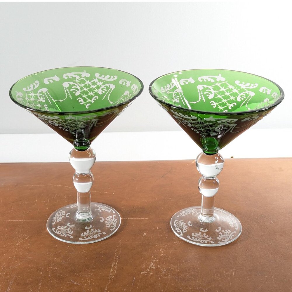 SET of 2 Green cut to clear Martini glasses, Baroque style opulent cocktail